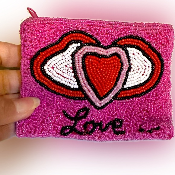 VTG RARE BARSE ZIPPER BEADED COIN PURSE BAG HEART VALENTINE PINK LOVE 4.75”x3.5” - Picture 2 of 9